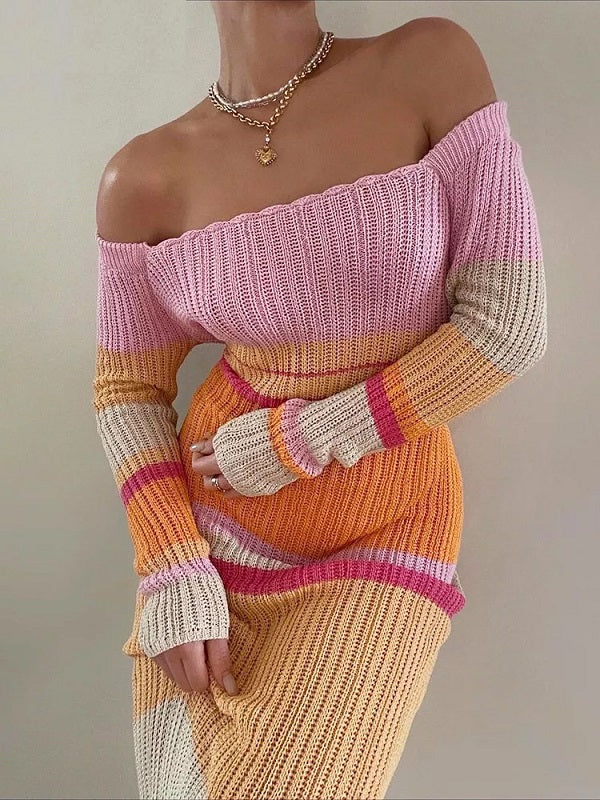 Strapless Striped Long Sleeve Maxi Dress
