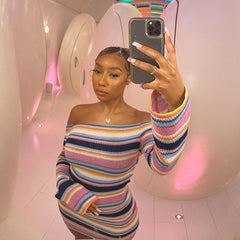 Stripe Knitted Off-the-shoulder Slim Dress