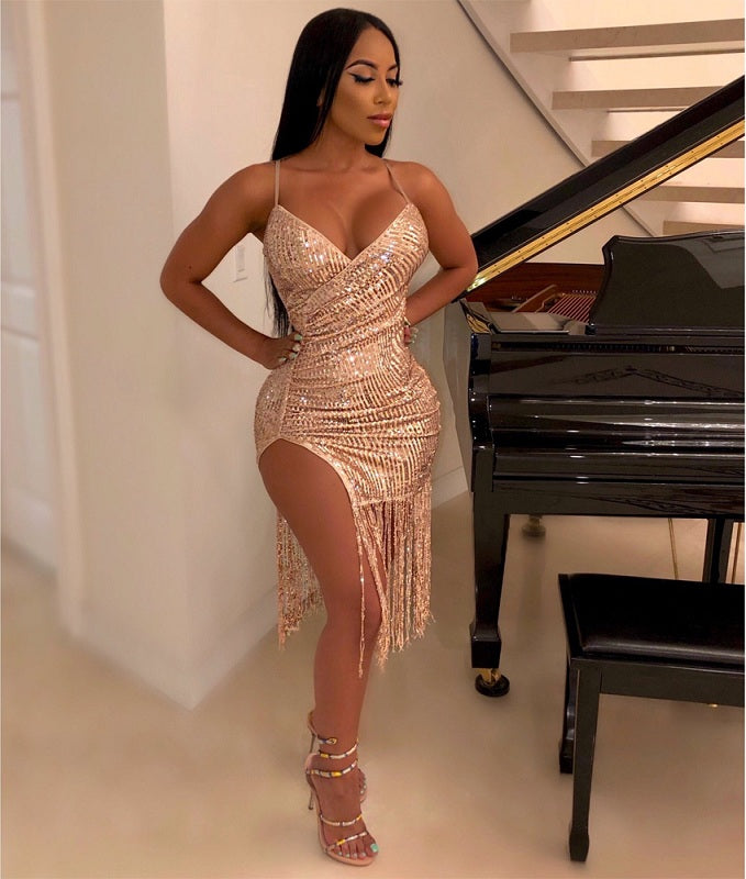 Tassel Split Sparkly Sequins Midi Bodycon Dresses