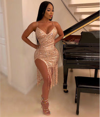 Tassel Split Sparkly Sequins Midi Bodycon Dresses