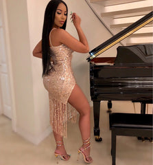 Tassel Split Sparkly Sequins Midi Bodycon Dresses