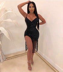 Tassel Split Sparkly Sequins Midi Bodycon Dresses
