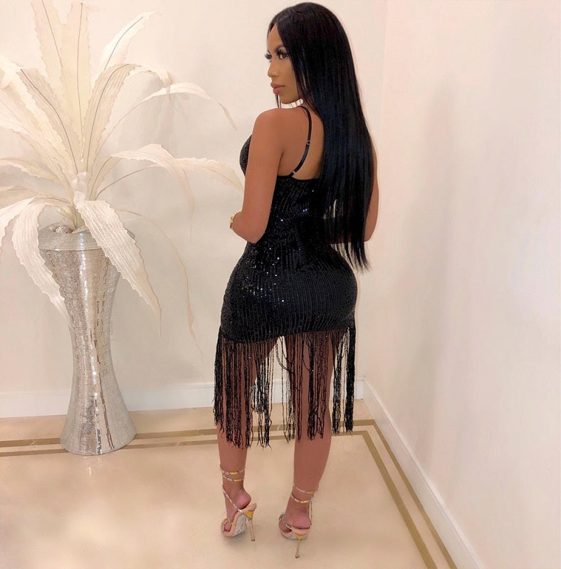 Tassel Split Sparkly Sequins Midi Bodycon Dresses