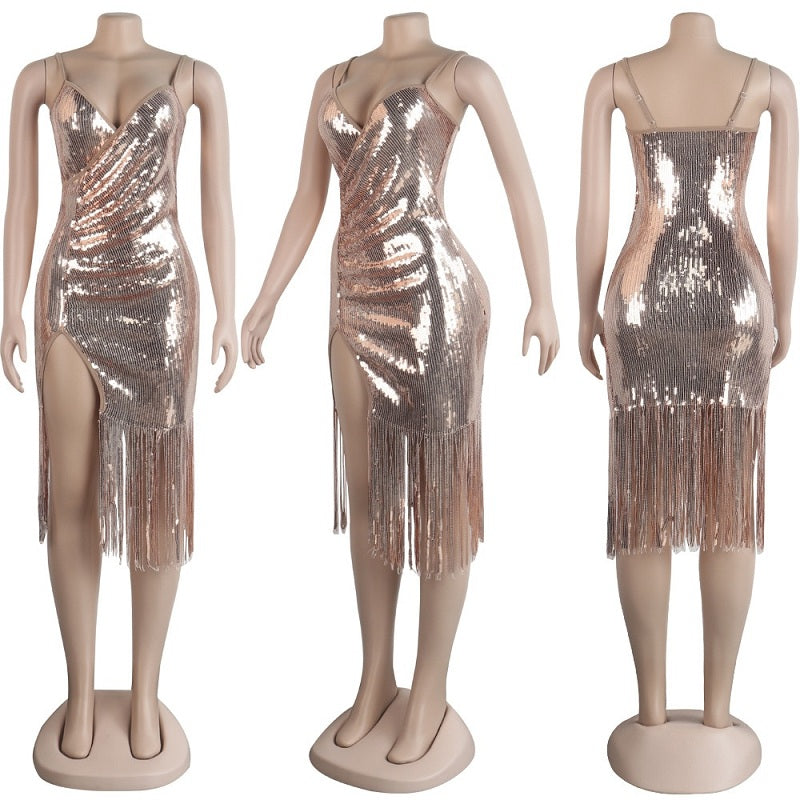 Tassel Split Sparkly Sequins Midi Bodycon Dresses