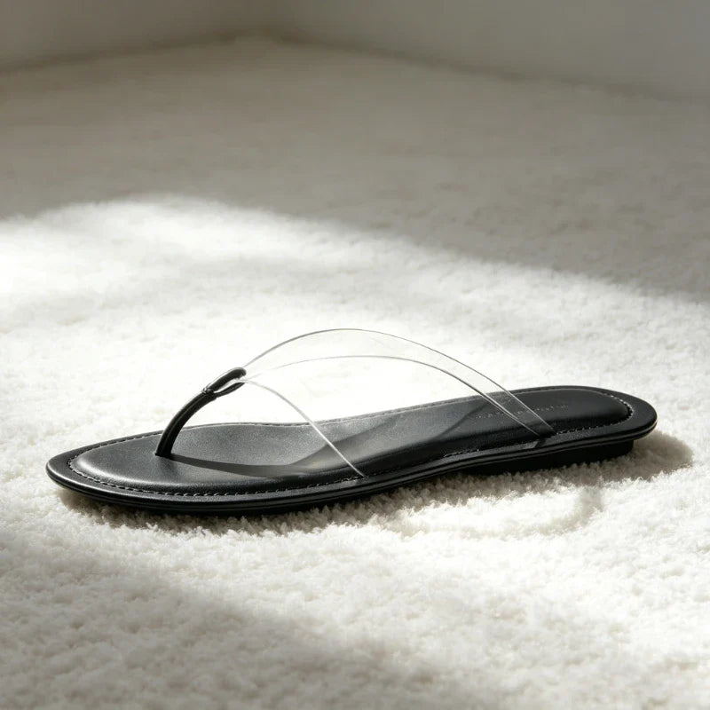 Transparent PVC Clip Toe Flip Flops Round-Toe Sewing Detail Flat Sandals Beach Sandals Sandalias