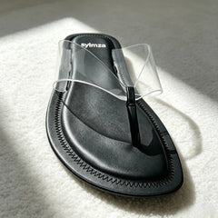 Transparent PVC Clip Toe Flip Flops Round-Toe Sewing Detail Flat Sandals Beach Sandals Sandalias