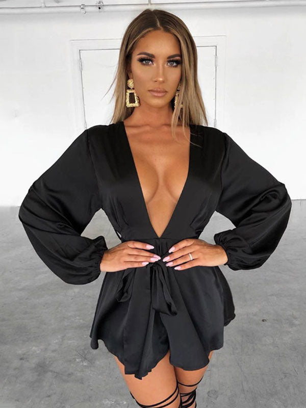 V-Neck Cut Out Long Sleeves Polyester Short Club Dress