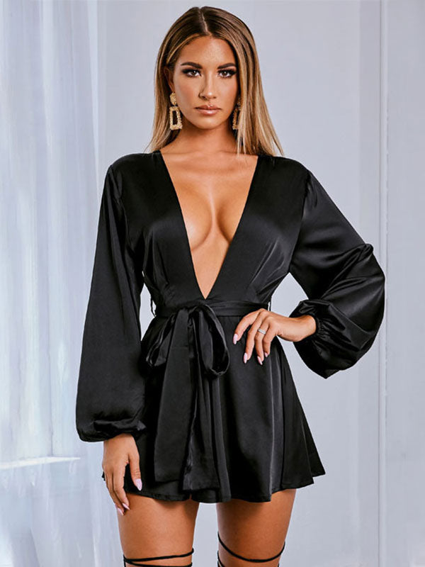 V-Neck Cut Out Long Sleeves Polyester Short Club Dress