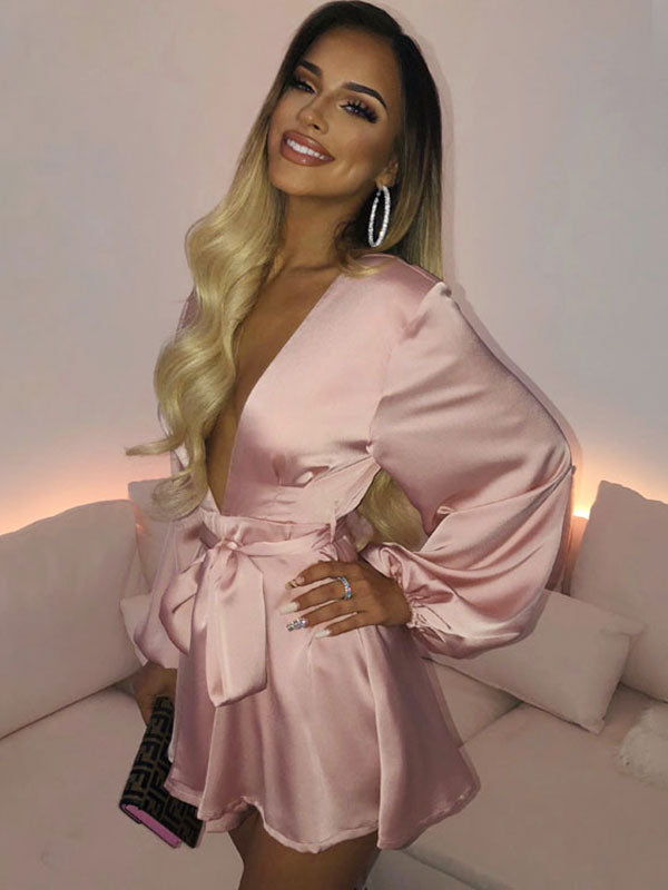 V-Neck Cut Out Long Sleeves Polyester Short Club Dress