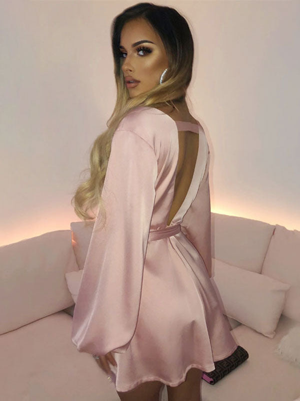 V-Neck Cut Out Long Sleeves Polyester Short Club Dress