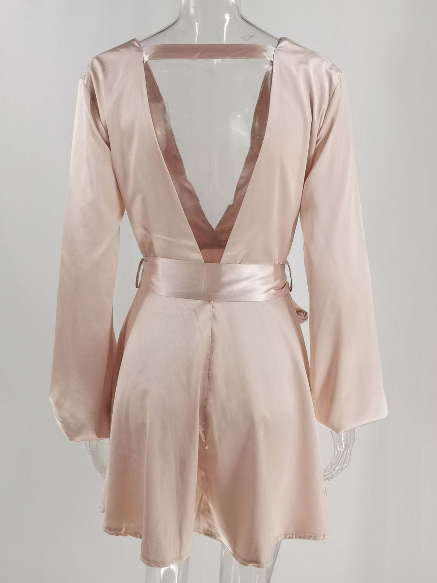 V-Neck Cut Out Long Sleeves Polyester Short Club Dress
