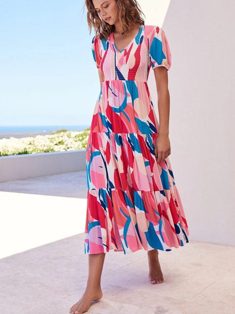 V Neck Floral Print A Line Long Dress