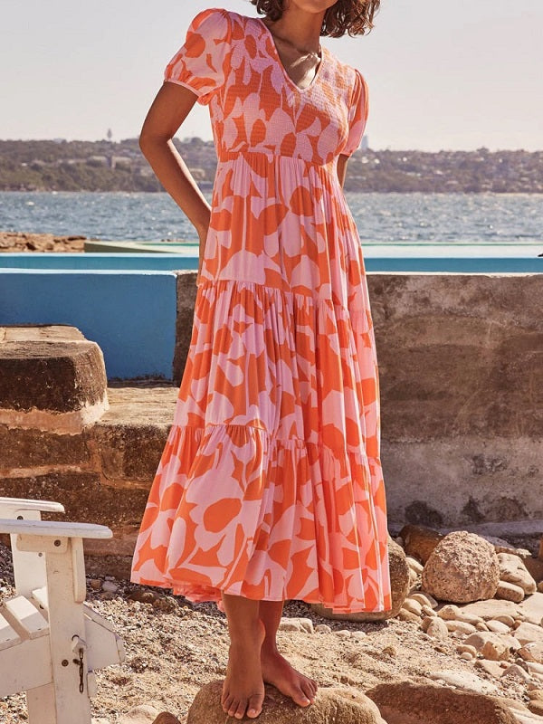 V Neck Floral Print A Line Long Dress