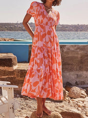 V Neck Floral Print A Line Long Dress