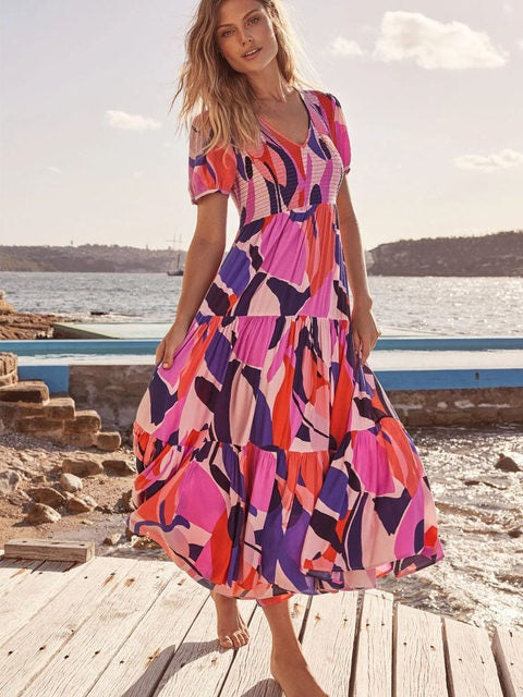 V Neck Floral Print A Line Long Dress