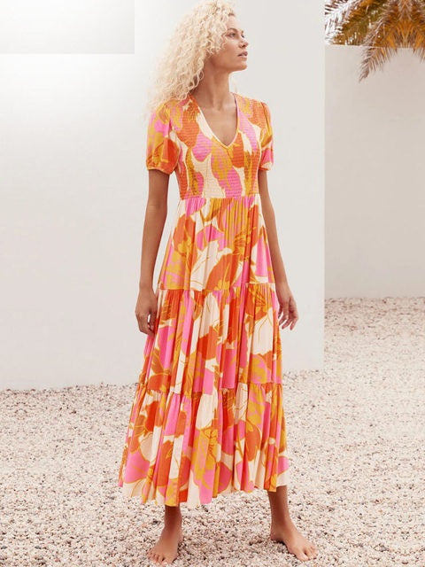 V Neck Floral Print A Line Long Dress