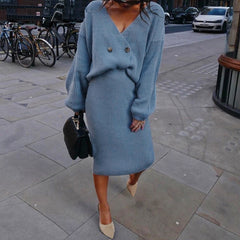 V-Neck Long Sleeve Knitted Sweater Dress