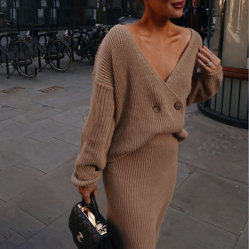 V-Neck Long Sleeve Knitted Sweater Dress