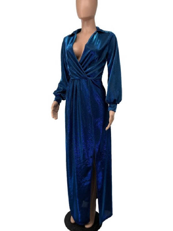 V Neck Long Sleeve Vent Party Dresses