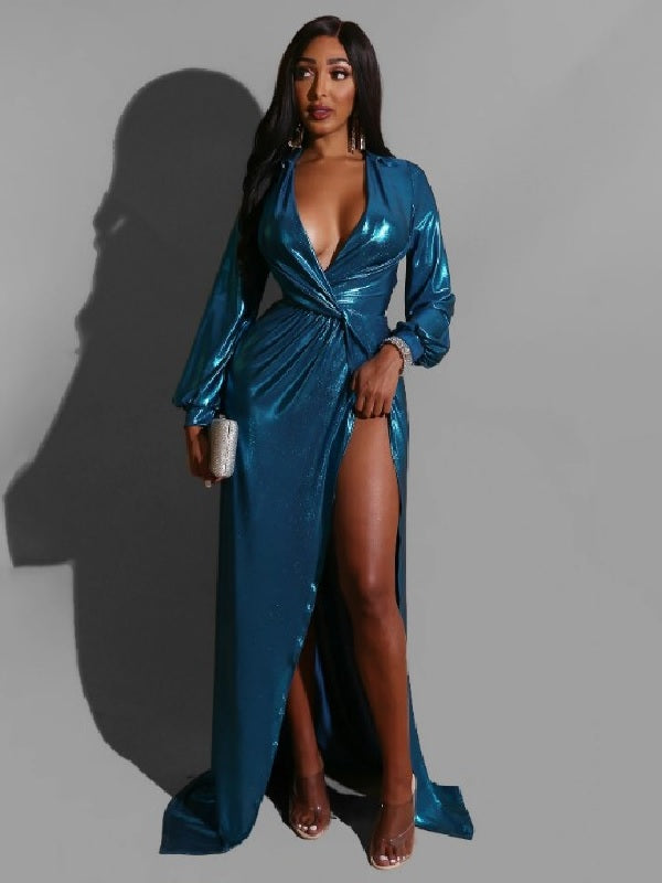 V Neck Long Sleeve Vent Party Dresses