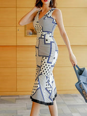 Polka Dot Ruffles V Neck Zipper Mermaid Bodycon Party Dress