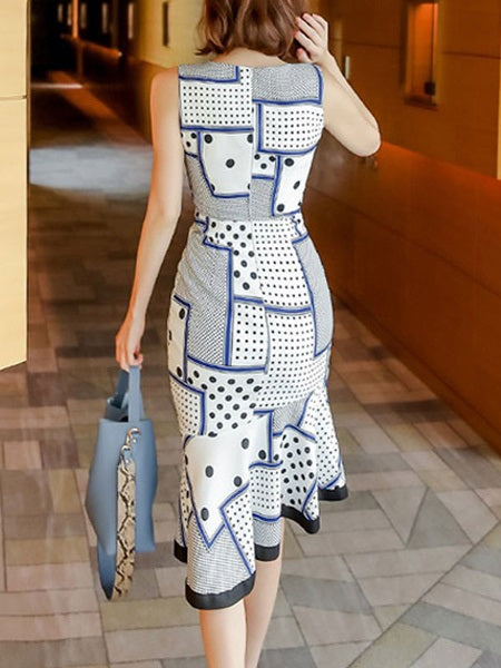 Polka Dot Ruffles V Neck Zipper Mermaid Bodycon Party Dress