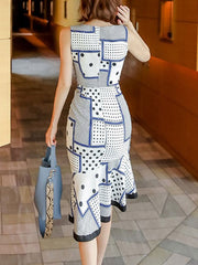 Polka Dot Ruffles V Neck Zipper Mermaid Bodycon Party Dress