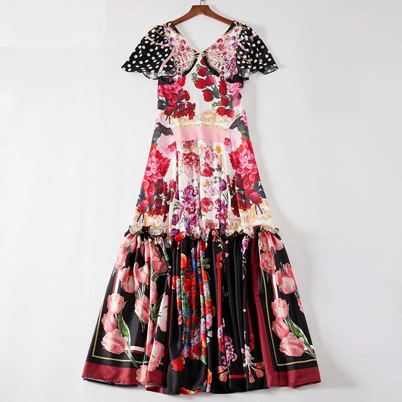 V-Neck Short Sleeve Dot Flower Print Ruffles Maxi Dress
