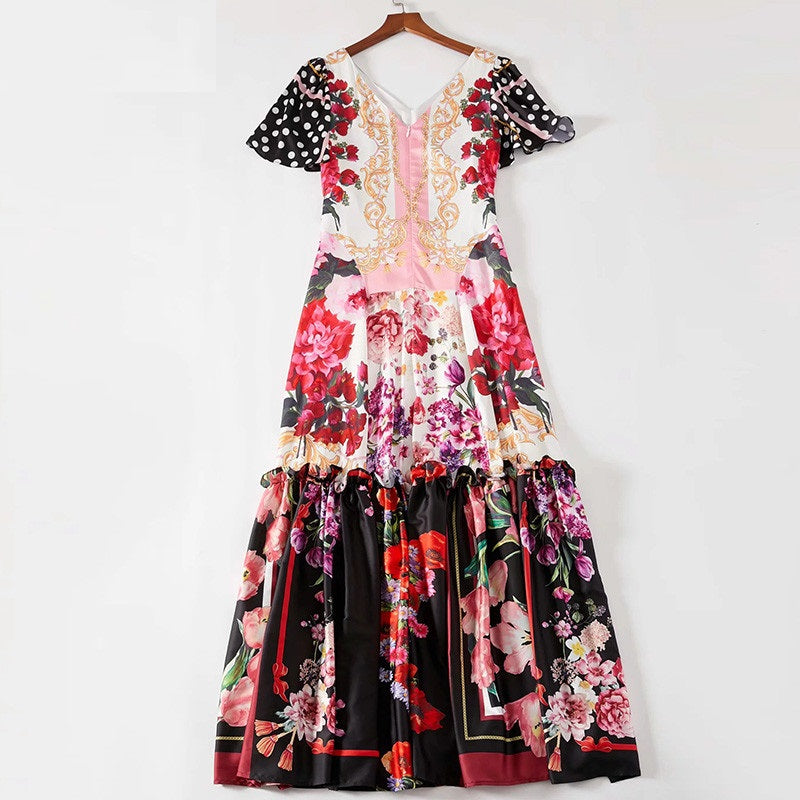 V-Neck Short Sleeve Dot Flower Print Ruffles Maxi Dress