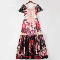 V-Neck Short Sleeve Dot Flower Print Ruffles Maxi Dress