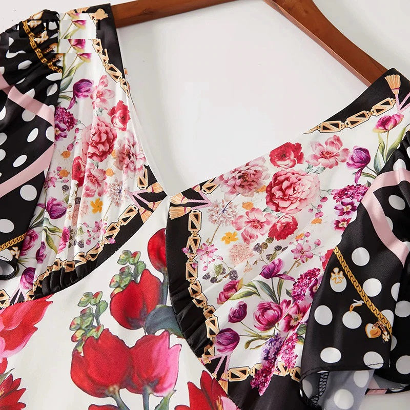 V-Neck Short Sleeve Dot Flower Print Ruffles Maxi Dress