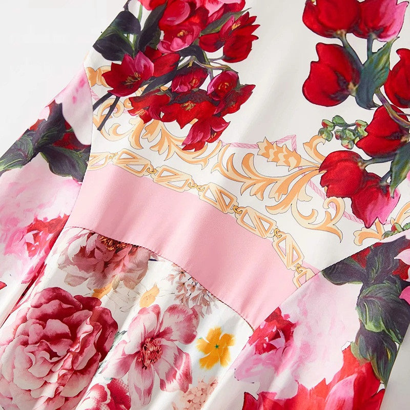 V-Neck Short Sleeve Dot Flower Print Ruffles Maxi Dress