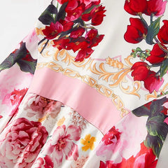 V-Neck Short Sleeve Dot Flower Print Ruffles Maxi Dress
