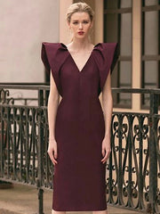 V Neck Short Sleeve Solid Evening Party Dress