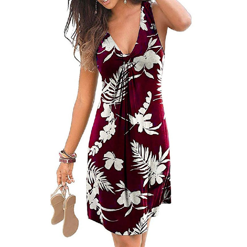 Casual V-Neck Sleeveless Loose A-Line Boho Print Dresses