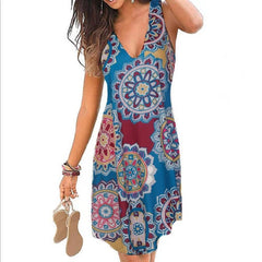 Casual V-Neck Sleeveless Loose A-Line Boho Print Dresses