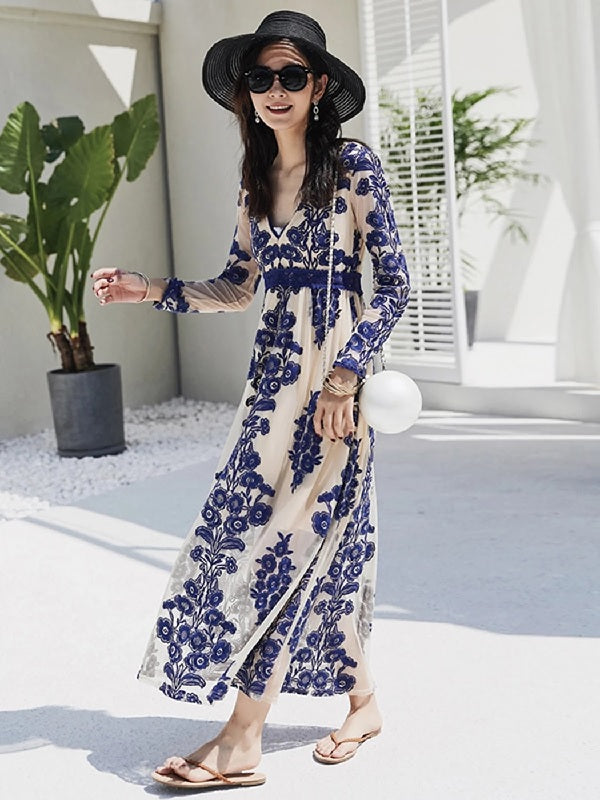 V-neck  Floral Embroidered Maxi Dress