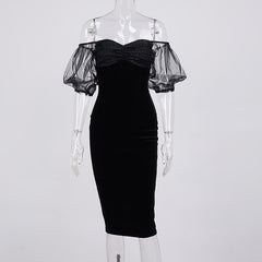 Velvet Patchwork Off-shoulder Glitter Midi Dress