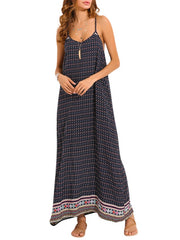 Women Spaghetti Strap Backless Printed Maxi Dresses