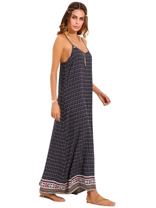 Women Spaghetti Strap Backless Printed Maxi Dresses