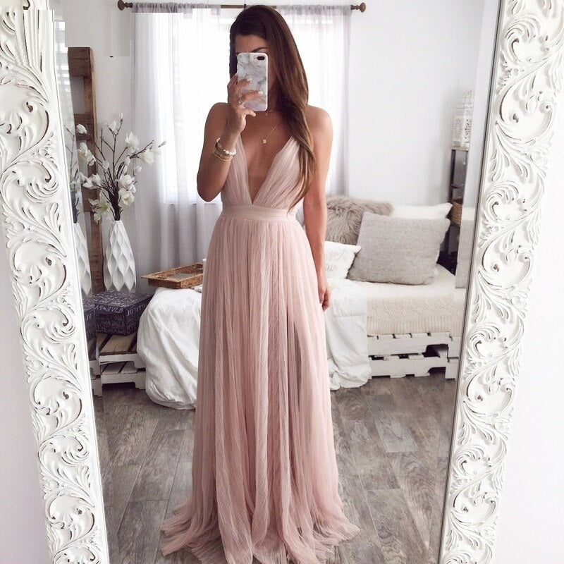 deep v neck long party dress
