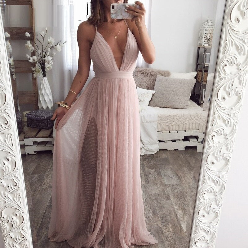 deep v neck long party dress
