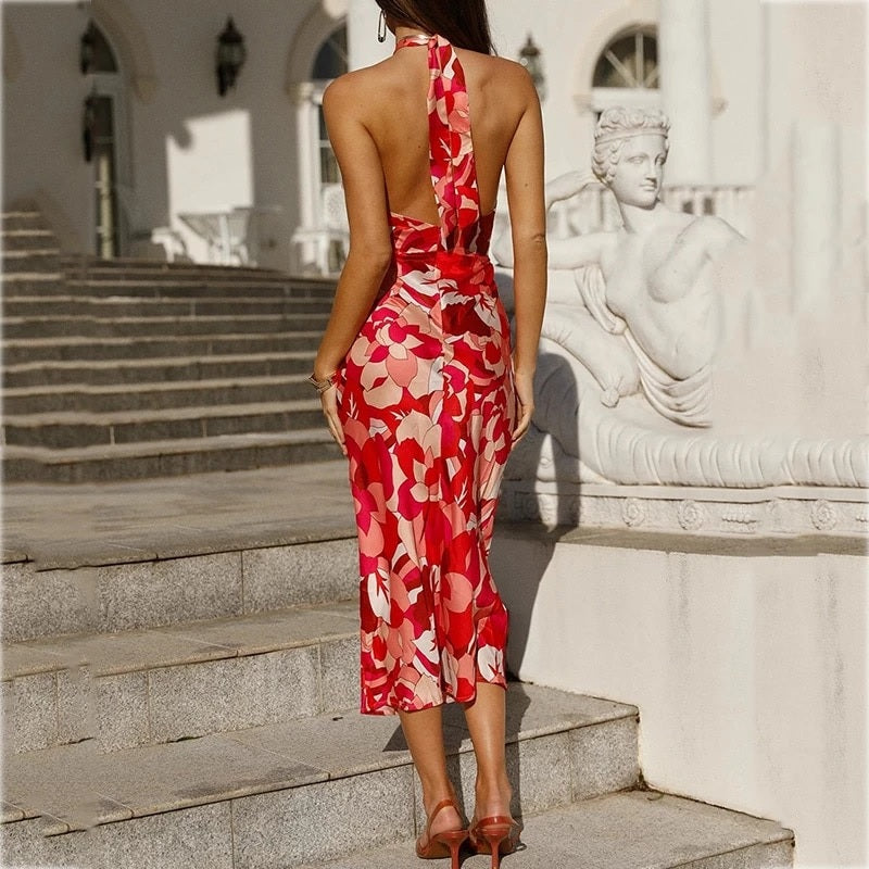 halter Sleeveless Hollow Out Midi Party Dress