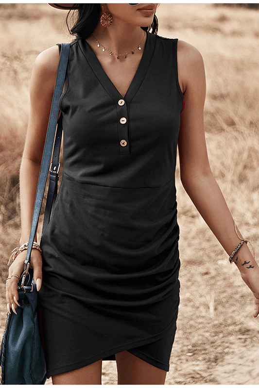 solid v-neck sleeveless short dress