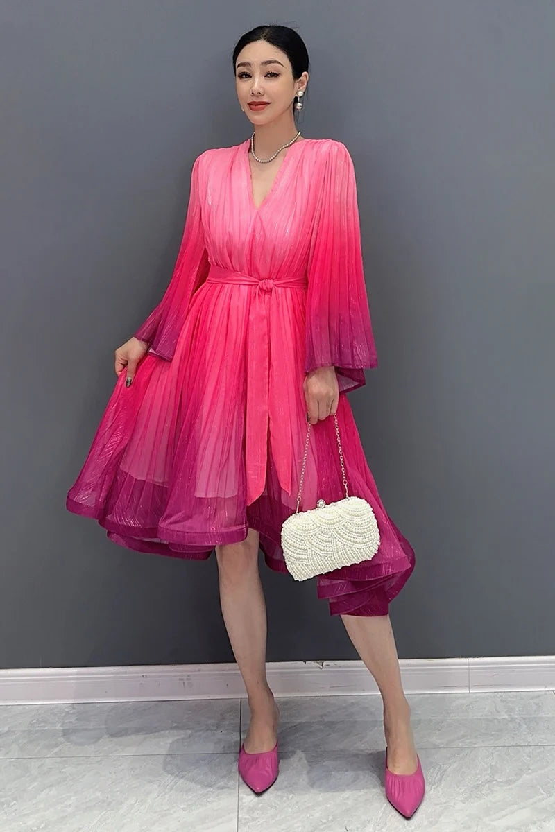 Casual Lace Up V-Neck Gradient Loose Mid Dresses
