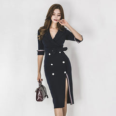 Sashes Button V-Neck Office Ladies Sheath Vestidos Bodycon Dress