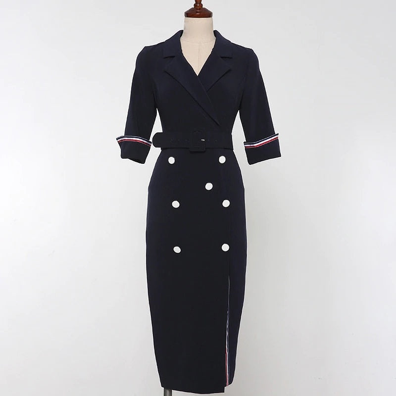 Sashes Button V-Neck Office Ladies Sheath Vestidos Bodycon Dress