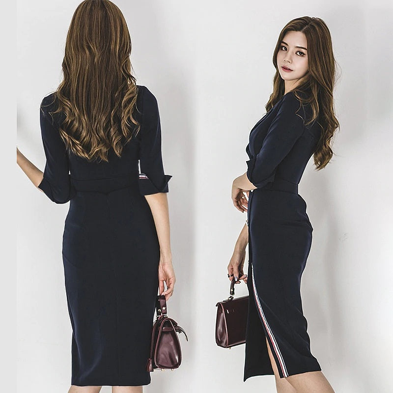 Sashes Button V-Neck Office Ladies Sheath Vestidos Bodycon Dress