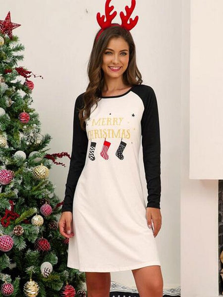 Shift Dresses Jewel Neck Polyester Christmas Pattern Tunic Dress
