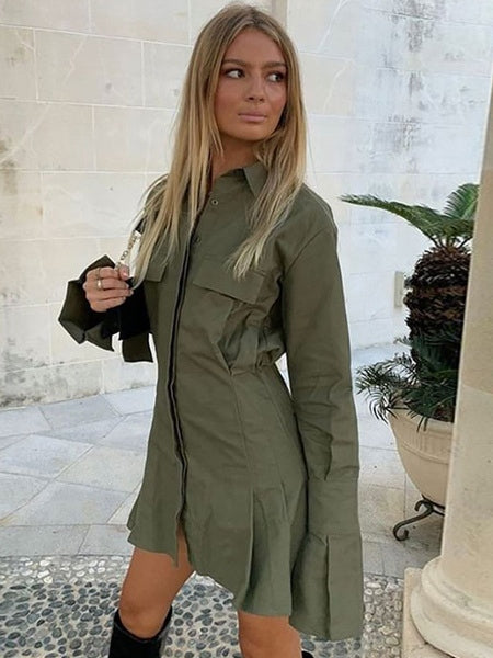 Shift Dresses Turndown Collar Buttons Long Sleeves Polyester Layered Midi Shirt Dresses